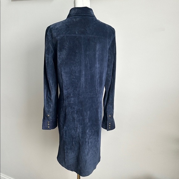 Womens Soft Suede Leather Shirt Dress Duster Western Preppy Cowgirl Navy Blue M - Picture 3 of 9